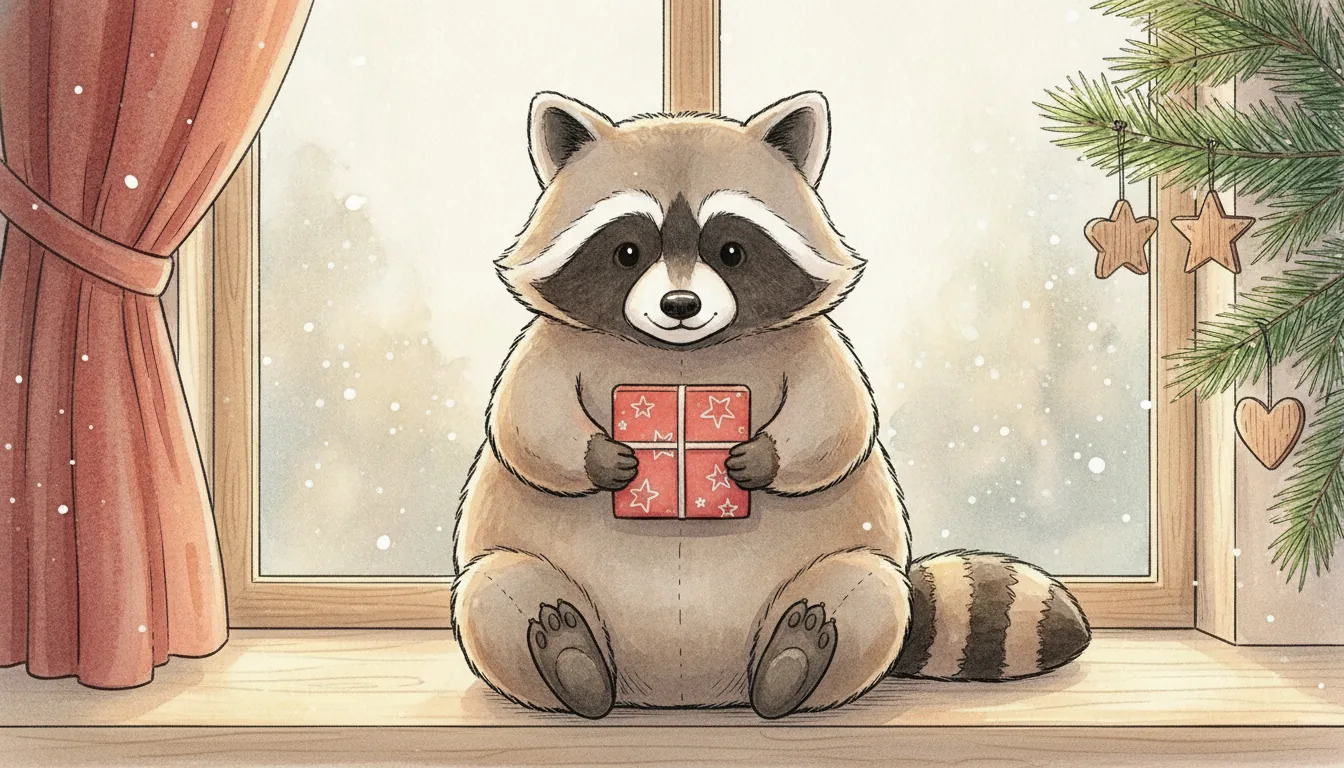 Plüsch-Waschbär hält ein kleines Päckchen auf einer verschneiten Fensterbank, Aquarell-Illustration