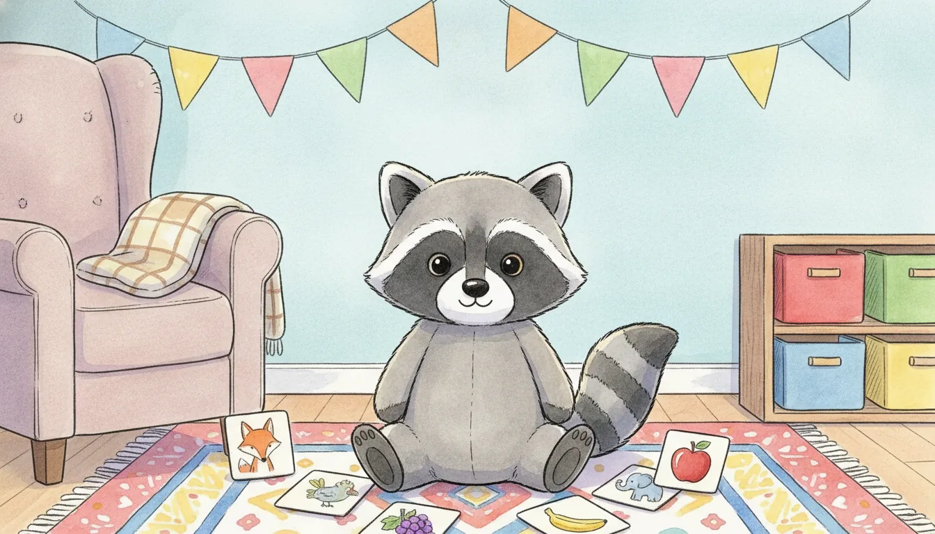 Plüsch-Waschbär als Aquarell-Held sitzt auf einem Teppich zwischen bunten Bildkarten