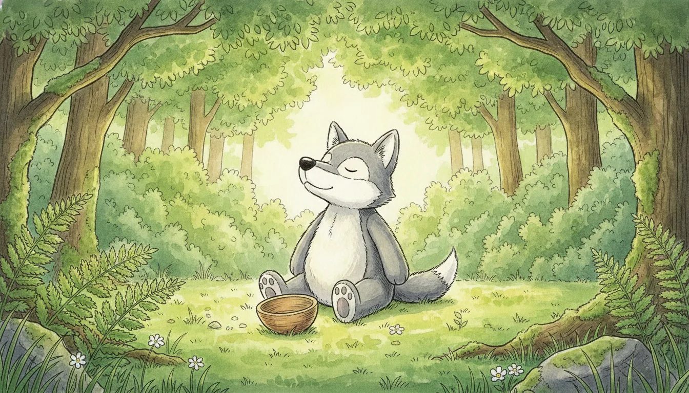 Plüsch-Wolf als Aquarell-Held auf einer Waldlichtung, tief durchatmend
