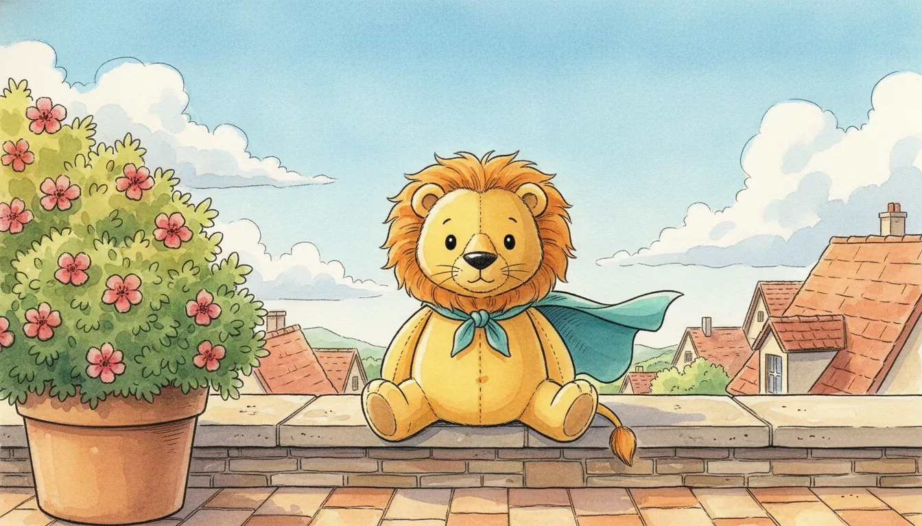 Plüsch-Löwe mit einfarbig türkisfarbenem Stoffumhang sitzt auf einem sonnigen Dachgarten über den Dächern einer freundlichen Stadt, als warmes Aquarell illustriert