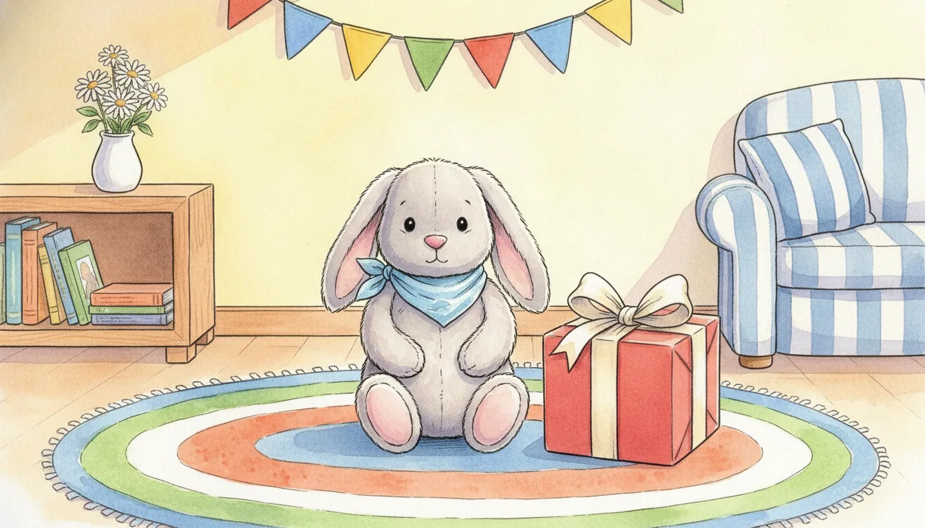 Hellgrauer Plüsch-Hase mit blauem Halstuch sitzt im Wohnzimmer neben einem Geschenkpaket mit breiter Schleife, als warmes Aquarell illustriert