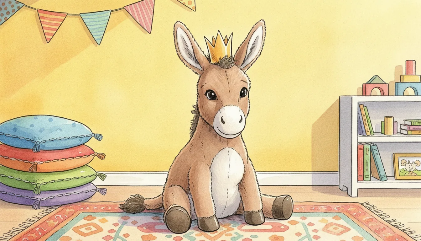 Plüsch-Esel mit bunter Papierkrone in einer Zimmerecke, als warmes Aquarell illustriert