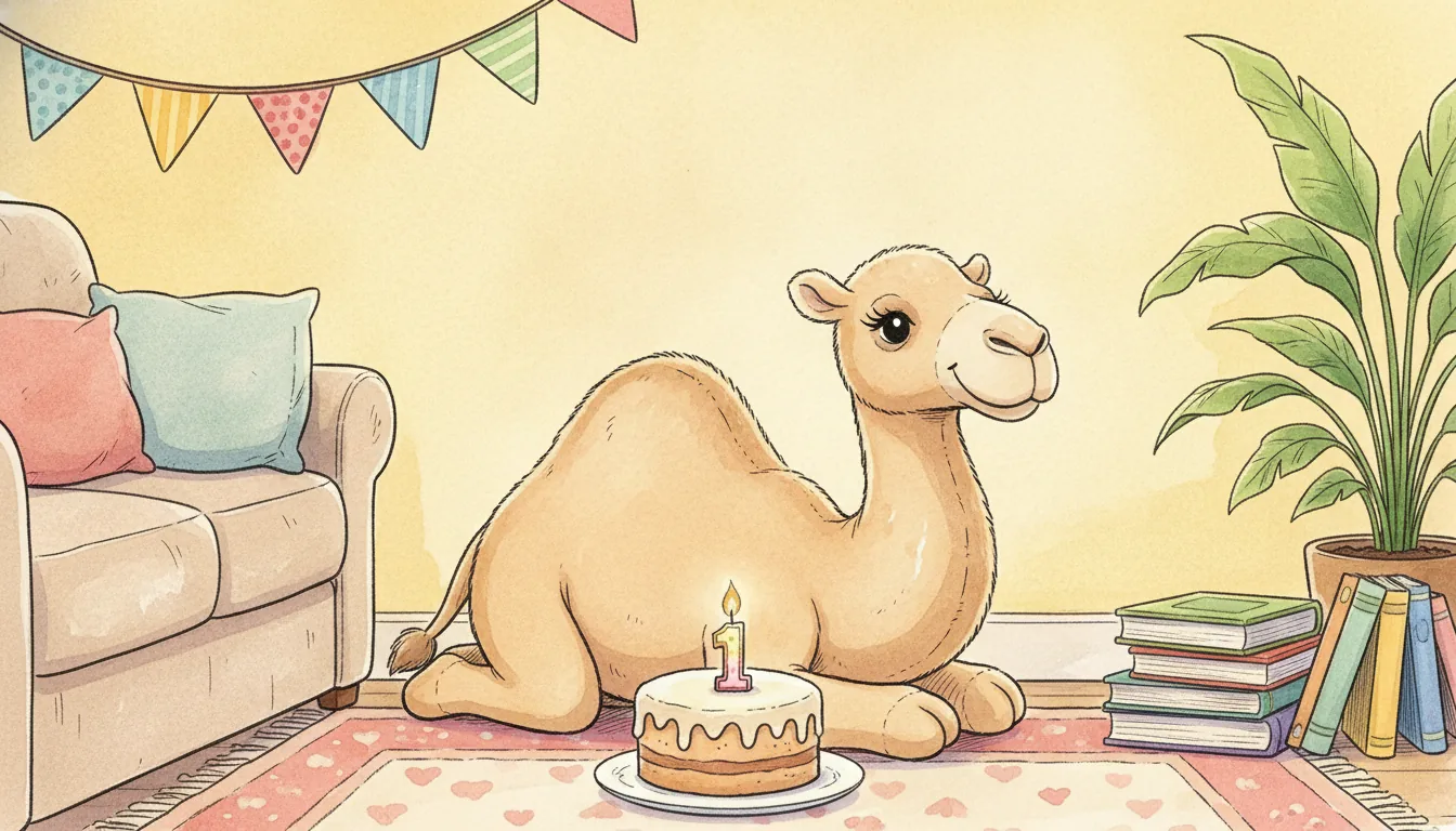Sandbeiges Plüsch-Kamel hinter einem Geburtstagskuchen mit einer Kerze, als warmes Aquarell illustriert