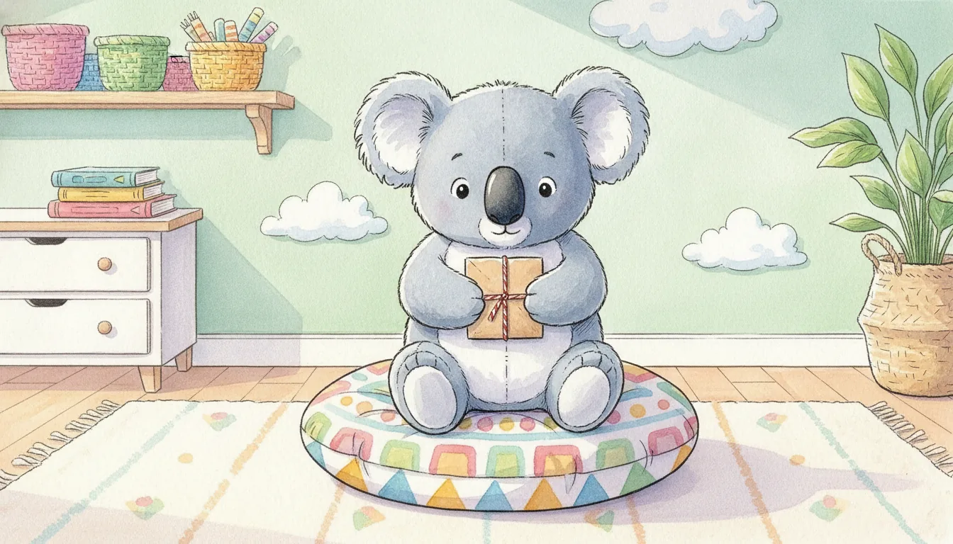 Plüsch-Koala sitzt mit einem kleinen verschnürten Päckchen auf einem Sitzkissen, Aquarell-Illustration