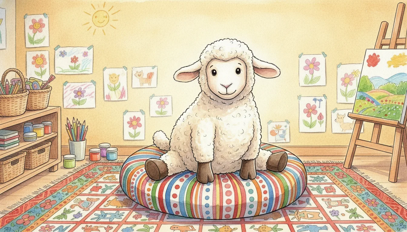 Plüsch-Schaf sitzt stolz auf einem Sitzkissen in einer hellen Bastelecke, als warmes Aquarell illustriert