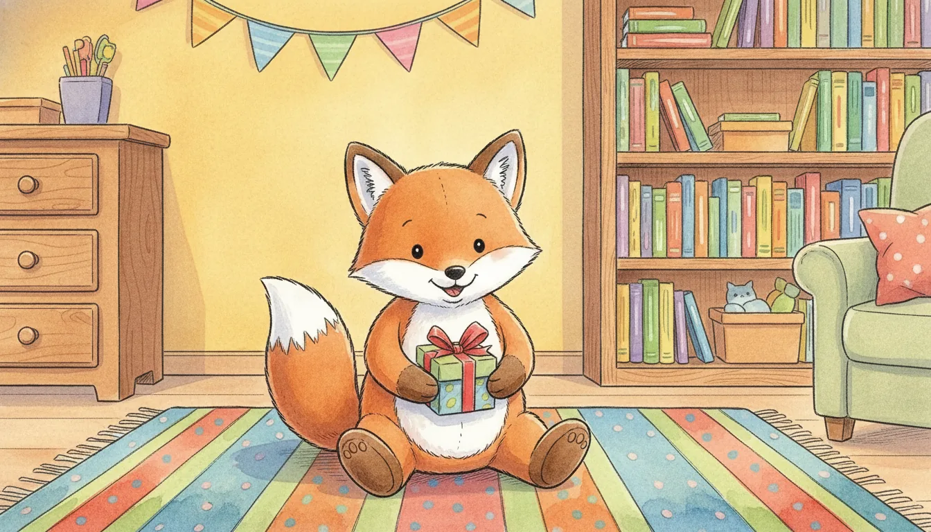 Plüsch-Fuchs mit einem kleinen verpackten Geschenk, als warmes Aquarell illustriert