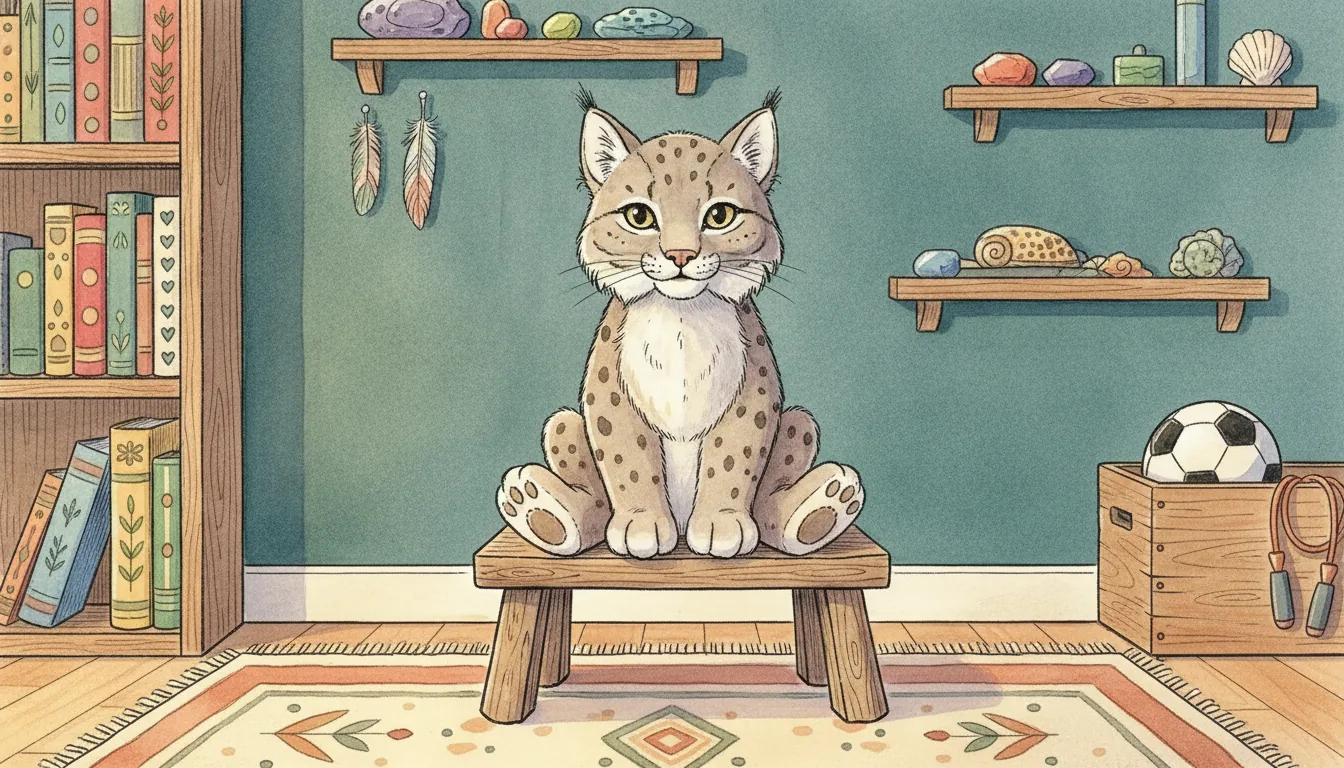 Plüsch-Luchs sitzt aufrecht vor einer Wand mit gesammelten Schätzen, als warmes Aquarell illustriert