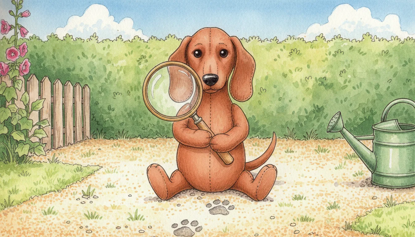 Plüsch-Dackel hält mit beiden Vorderpfoten eine große Lupe und sitzt auf einem sonnigen Gartenweg voller Pfotenabdrücke, als warmes Aquarell illustriert