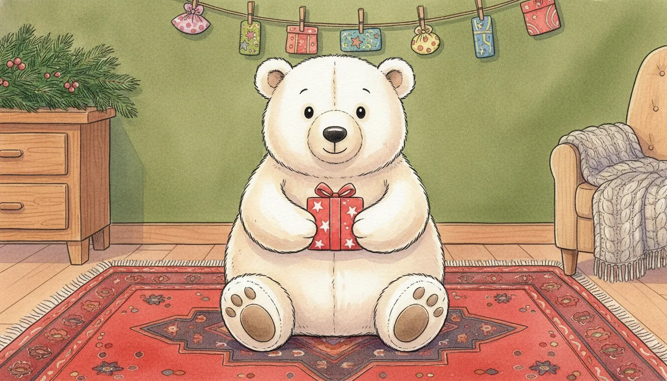 Plüsch-Eisbär hält ein kleines rotes Päckchen in einer adventlich geschmückten Stube, als warmes Aquarell illustriert