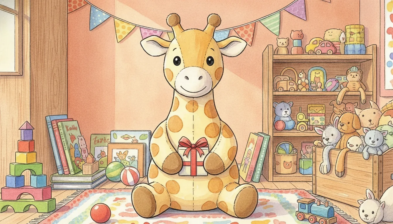 Plüsch-Giraffe hält ein kleines verpacktes Geschenk in einem vollen, gemütlichen Kinderzimmer, als warmes Aquarell illustriert