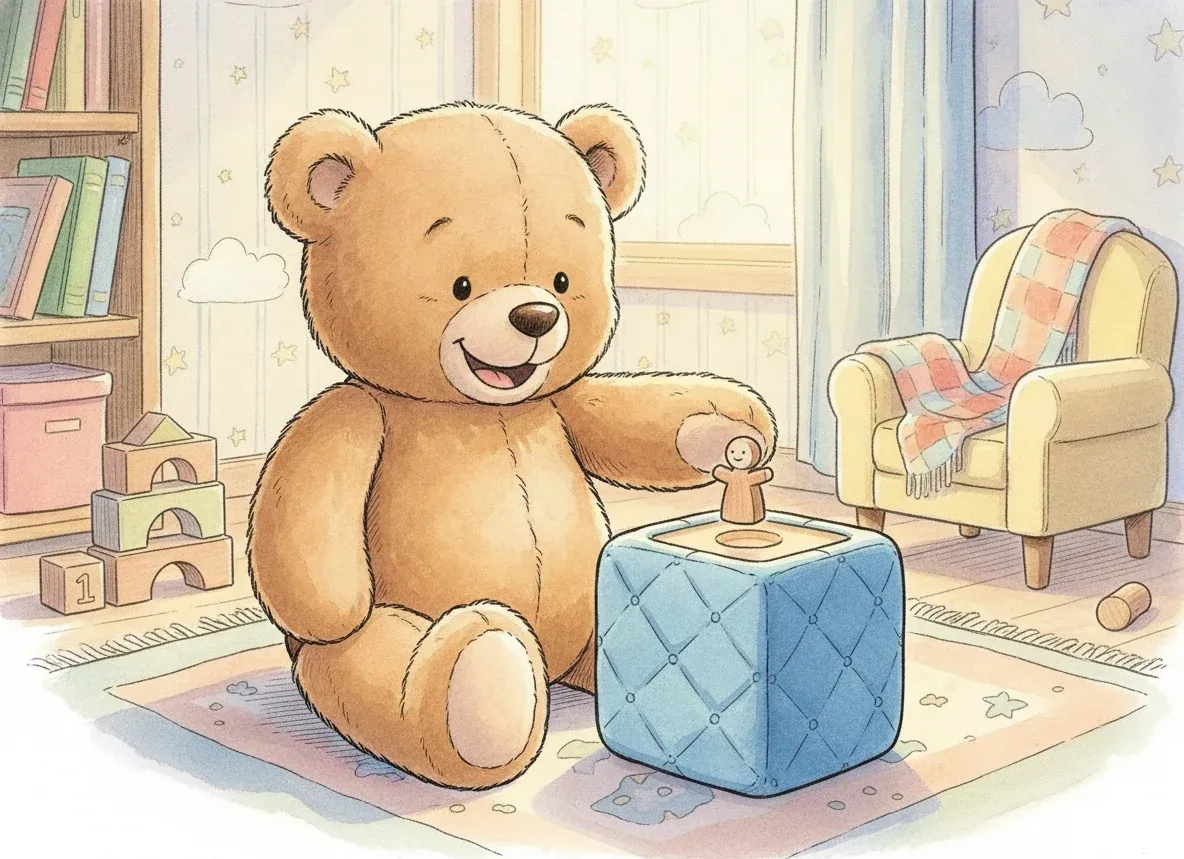 Ein Teddybär stellt eine Figur auf eine würfelförmige Kinder-Audiobox.