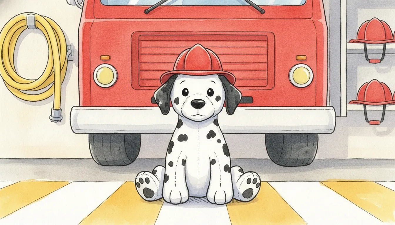 Plüsch-Dalmatiner mit rotem Helm sitzt vor einem Feuerwehrauto in einer hellen Wache, als warmes Aquarell illustriert