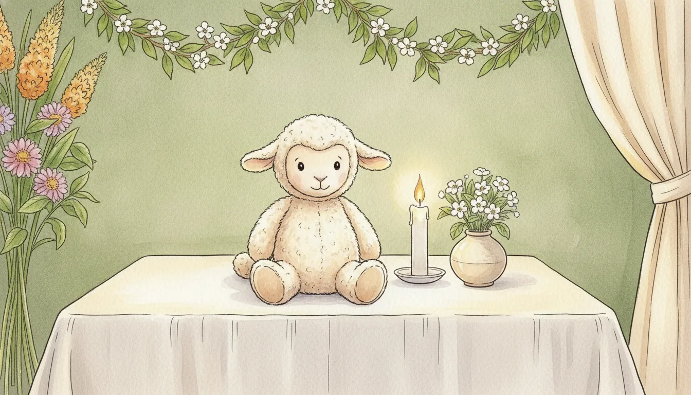 Plüsch-Lamm neben einer brennenden Kerze und weißen Blumen, als warmes Aquarell illustriert