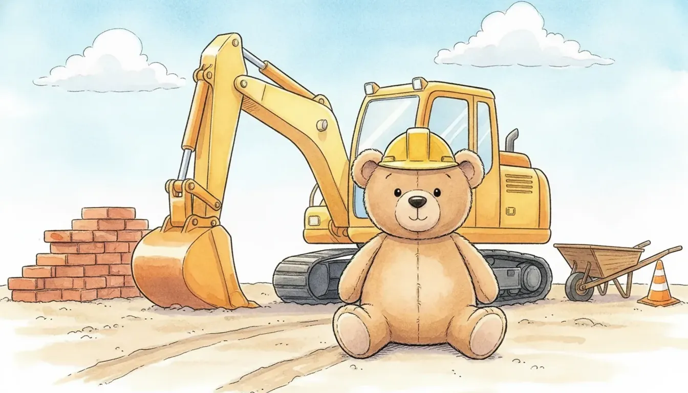 Plüsch-Bär mit gelbem Bauhelm sitzt im Sand einer freundlichen Baustelle, dahinter ein großer gelber Bagger, als warmes Aquarell illustriert