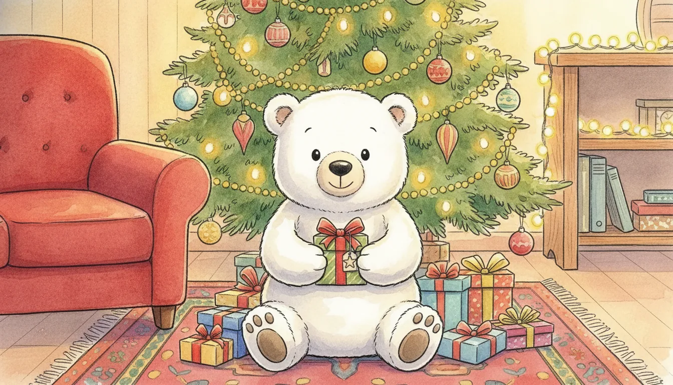 Plüsch-Eisbär mit einem verschnürten Päckchen vor einem geschmückten Weihnachtsbaum, als Aquarell illustriert