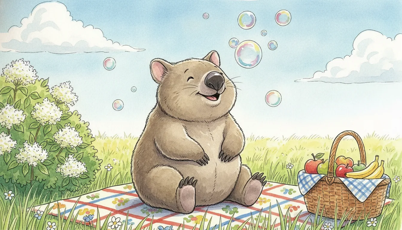 Plüsch-Wombat sitzt mit Seifenblasen auf einer sonnigen Wiese, als warmes Aquarell illustriert
