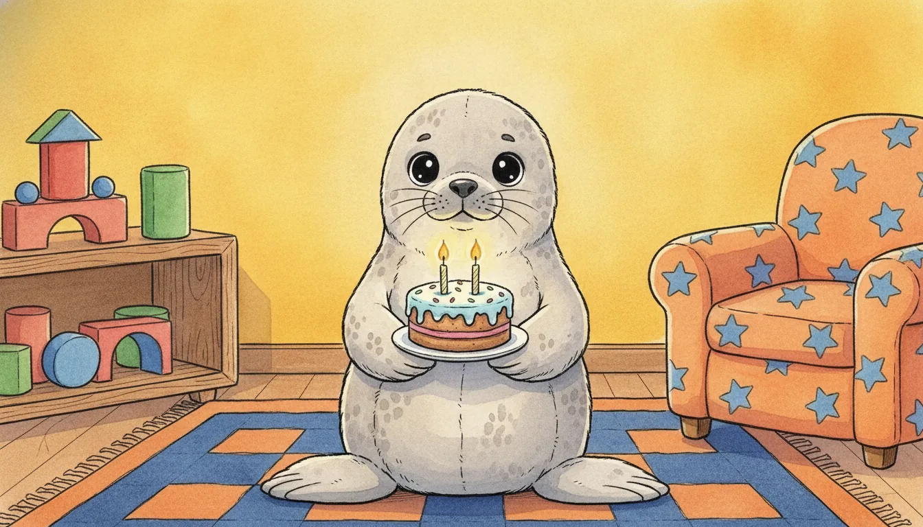 Plüsch-Robbe balanciert eine kleine Geburtstagstorte auf den Flossen, als warmes Aquarell illustriert