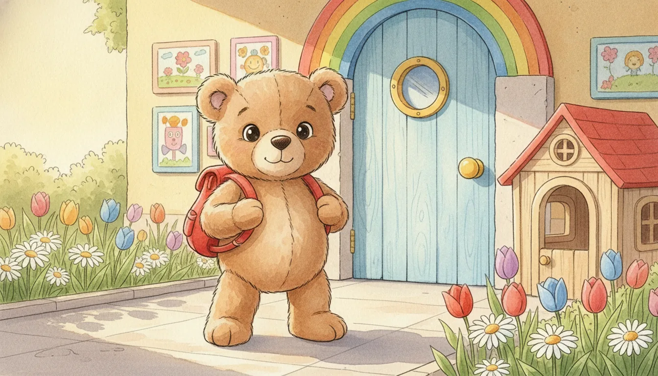 Kuscheltier-Teddy mit kleinem Rucksack vor einer bunten Kindergarten-Tür, als Aquarell illustriert