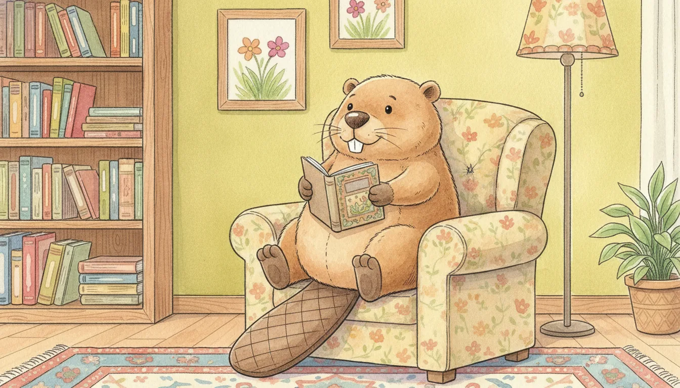 Plüsch-Biber sitzt mit einem Bilderbuch in einem hellen Wohnzimmer, Aquarell-Illustration