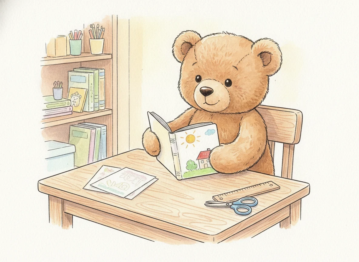 Ein Teddybär mit einem selbstgemachten Bilderbüchlein.