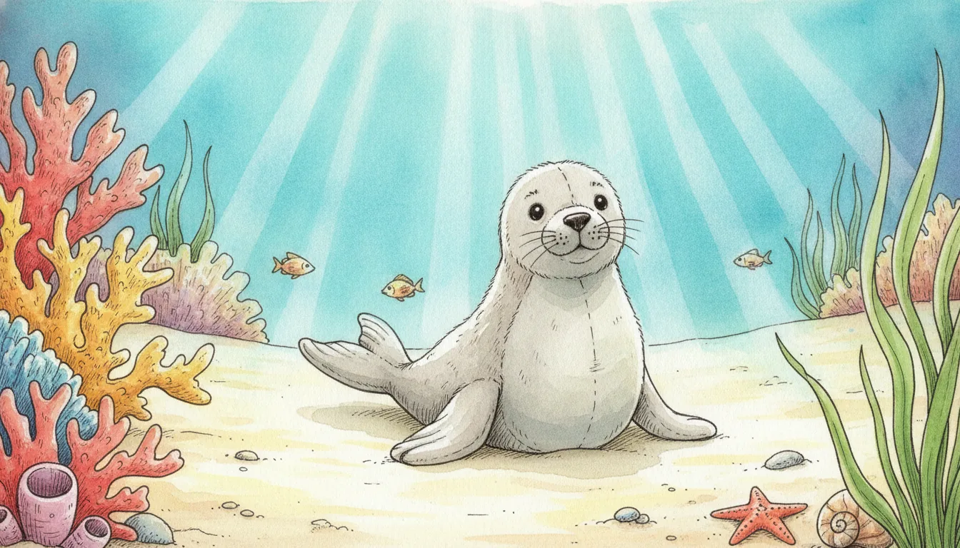 Plüsch-Robbe sitzt auf hellem Sandboden zwischen bunten Korallen in klarem türkisblauem Wasser, als warmes Aquarell illustriert