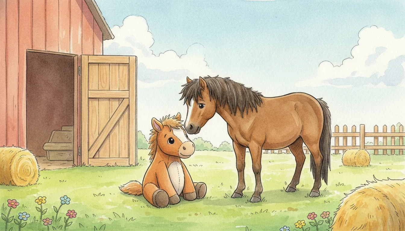 Plüsch-Pony sitzt auf einer sonnigen Koppel, ein freundliches echtes Pony beugt den Kopf zu ihm herunter, als warmes Aquarell illustriert