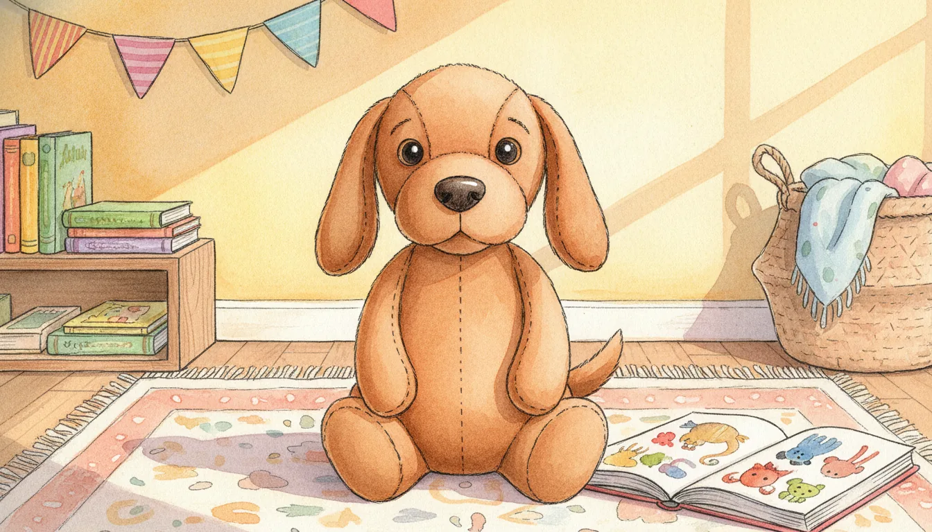 Plüsch-Hund sitzt auf einem gemusterten Teppich in einem hellen Kinderzimmer neben einem aufgeschlagenen Bilderbuch, als warmes Aquarell illustriert