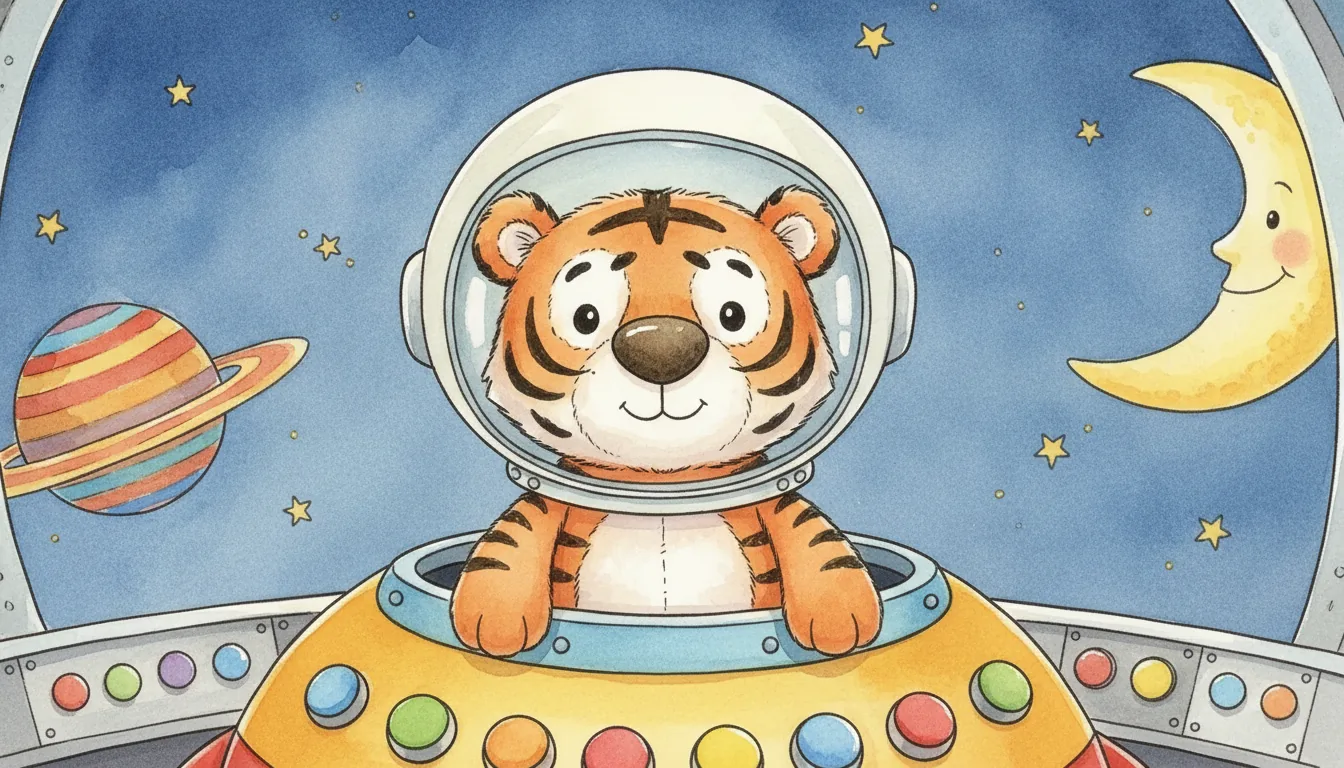 Plüsch-Tiger im Astronautenhelm schwebt vor bunten Planeten und einem lächelnden Mond, als warmes Aquarell illustriert