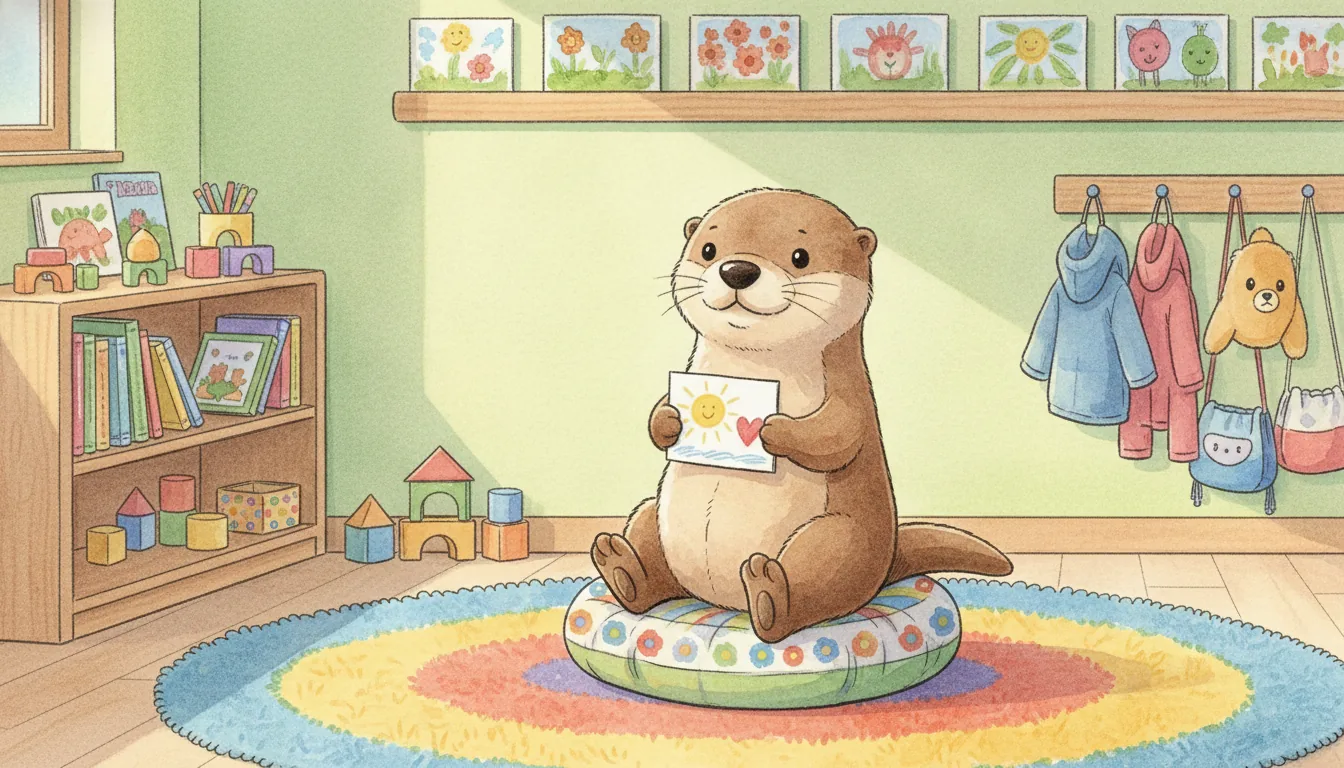 Plüsch-Otter sitzt mit einer selbst gemalten Abschiedskarte im Kita-Gruppenraum, als Aquarell illustriert