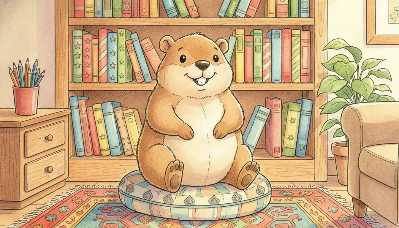 Plüsch-Murmeltier sitzt stolz vor einem vollen Bücherregal, als warmes Aquarell illustriert