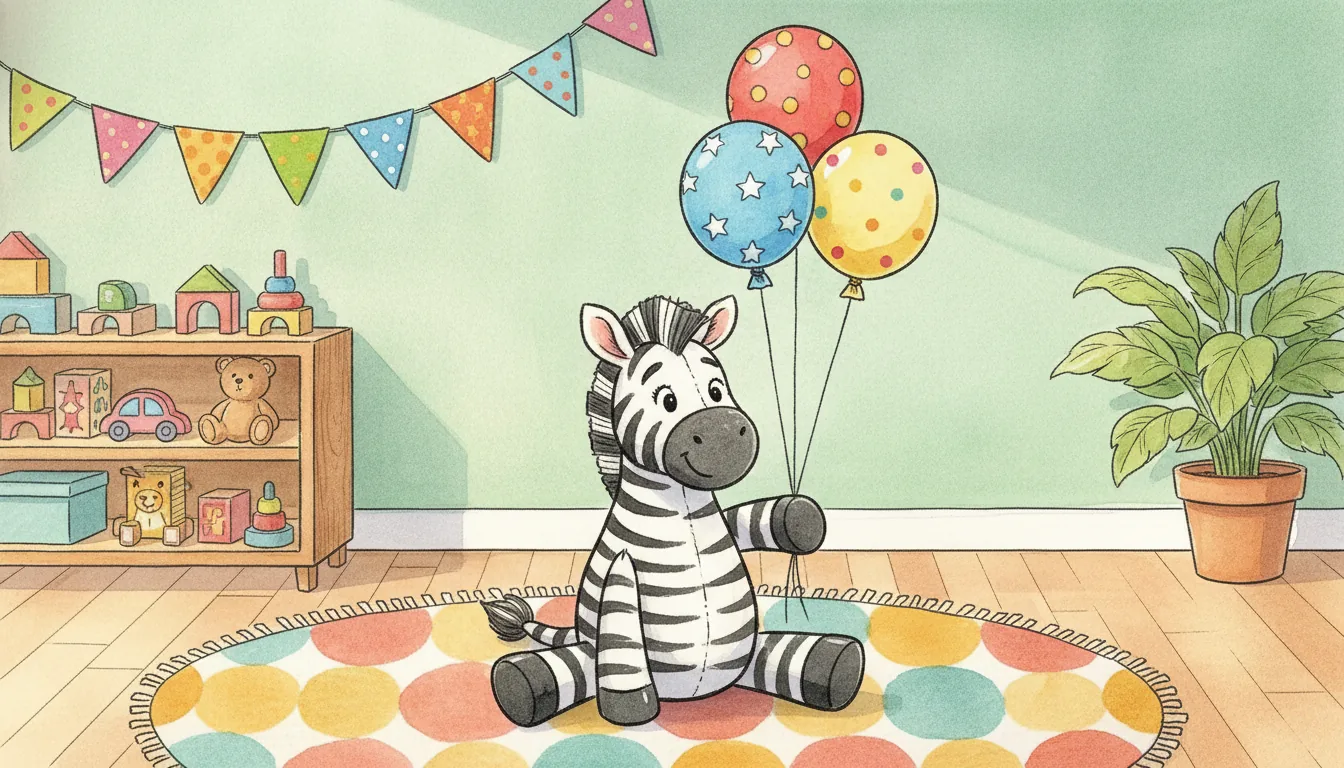 Plüsch-Zebra mit bunten Luftballons, als warmes Aquarell illustriert
