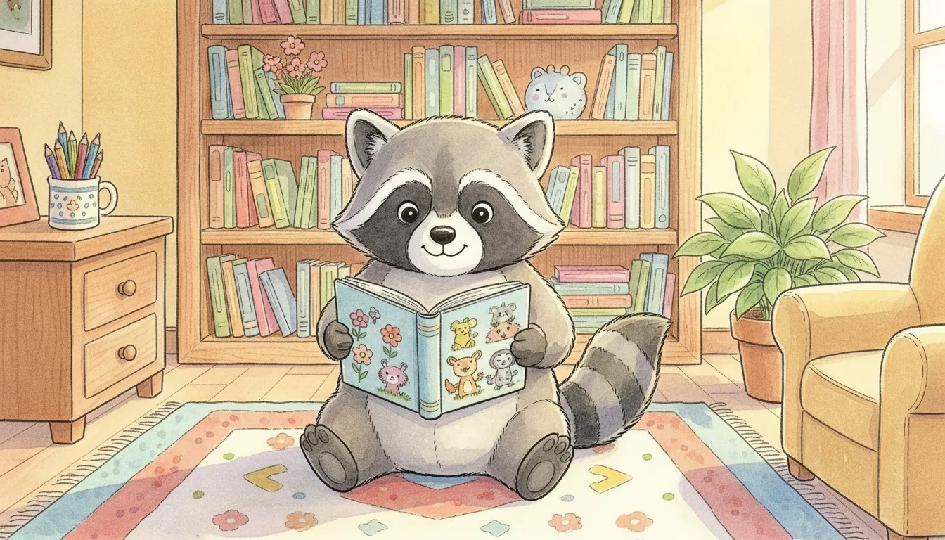 Plüsch-Waschbär mit einem Bilderbuch in einem sonnigen Kinderzimmer, als Aquarell illustriert