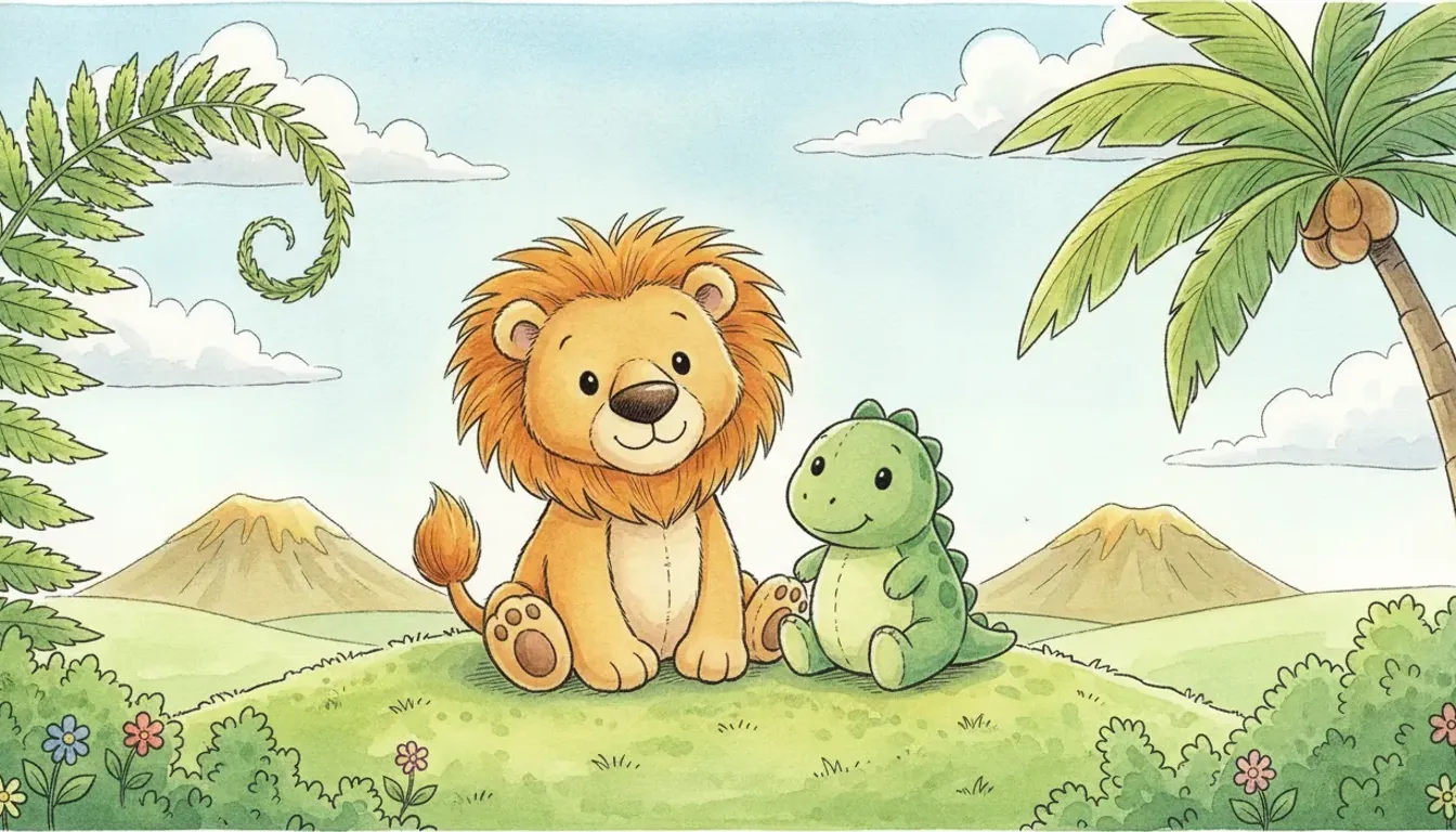 Plüsch-Löwe steht auf einer sonnigen Urzeitwiese, neben ihm ein freundlicher kleiner Dinosaurier, als warmes Aquarell illustriert