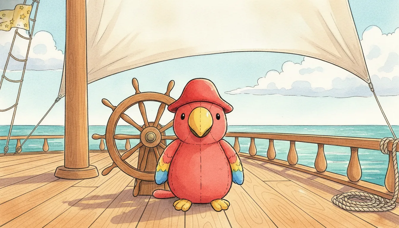 Plüsch-Papagei mit rotem Piratenhut sitzt an Deck eines freundlichen Segelschiffs neben einem großen hölzernen Steuerrad, als warmes Aquarell illustriert