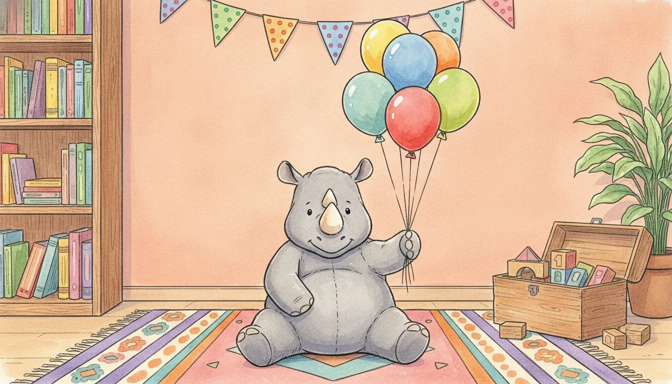Plüsch-Nashorn mit einer bunten Fünf aus Luftballons, als warmes Aquarell illustriert