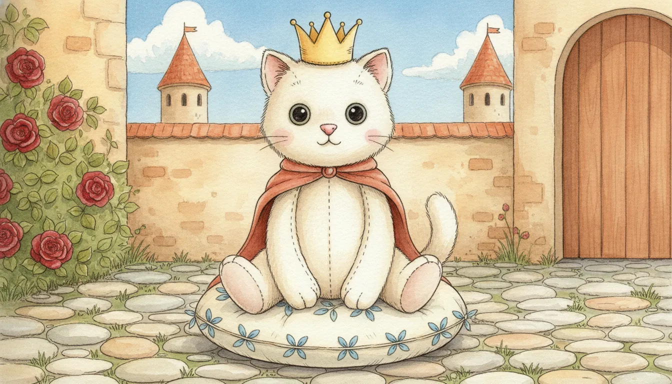 Plüsch-Katze mit einer schlichten Stoffkrone sitzt auf einem weichen Kissen in einem sonnigen Burghof, als warmes Aquarell illustriert
