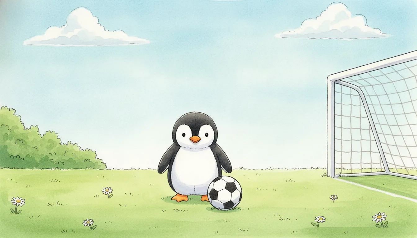 Plüsch-Pinguin steht mit einem Fußball auf einem sonnigen Bolzplatz vor einem kleinen Tor, als warmes Aquarell illustriert