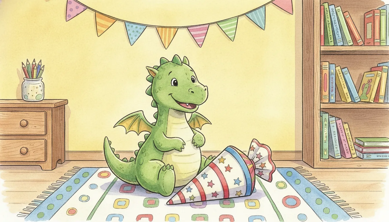 Plüsch-Drache sitzt neben einer bunt gefüllten Schultüte, als Aquarell illustriert