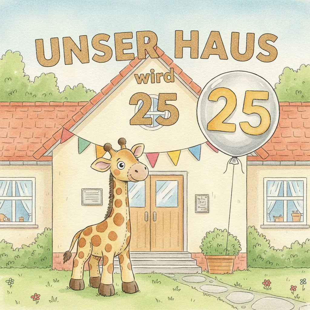Beispiel-Buchcover „Unser Haus wird 25“ für ein Gruppenbuch zum Thema Kita-Jubiläum oder Umzug
