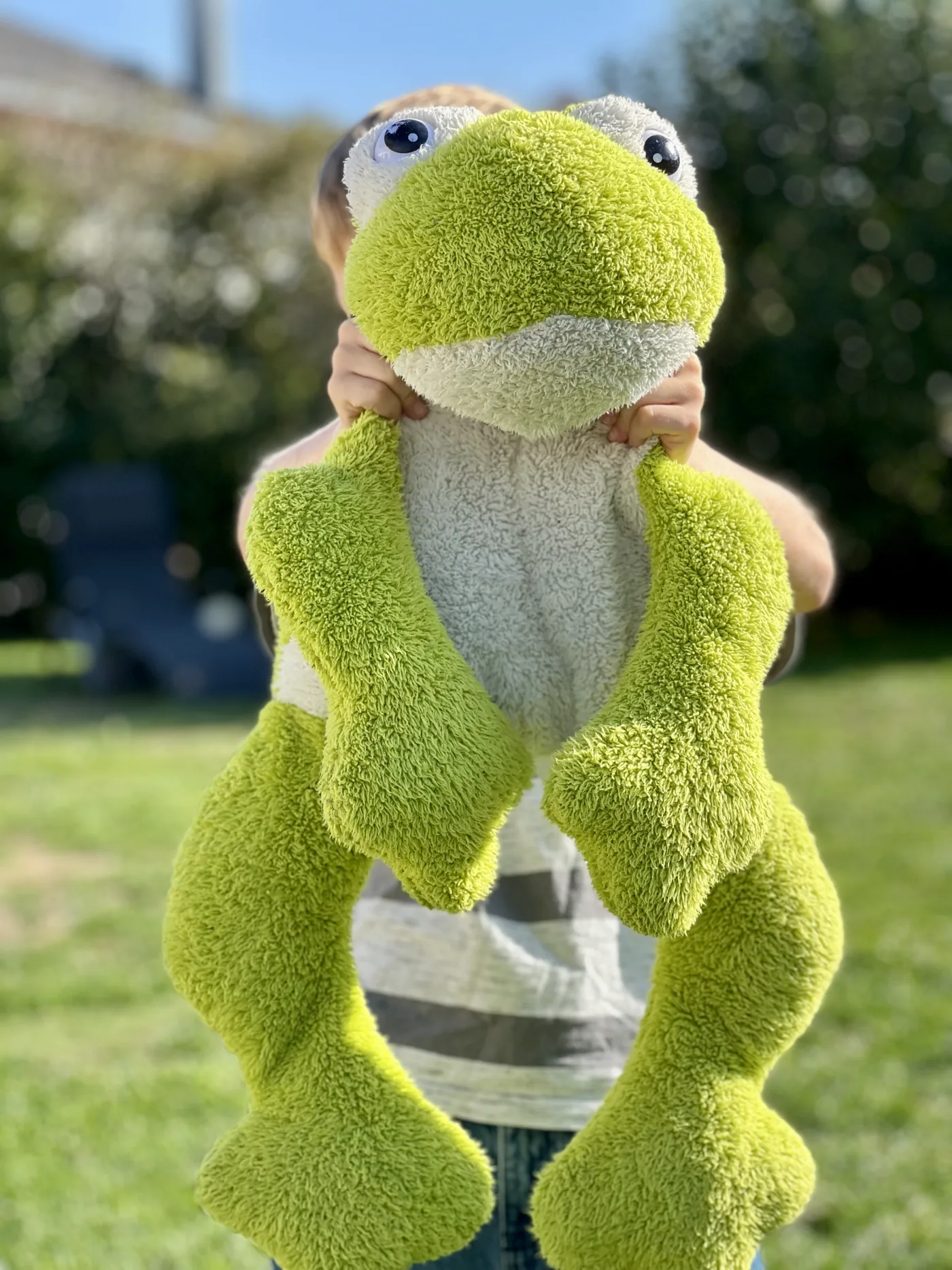 Ein Kind hält einen großen grünen Plüschfrosch mit beiden Händen vor sich in die Höhe, draußen auf einer Wiese. Das Gesicht des Kindes liegt hinter dem Frosch.