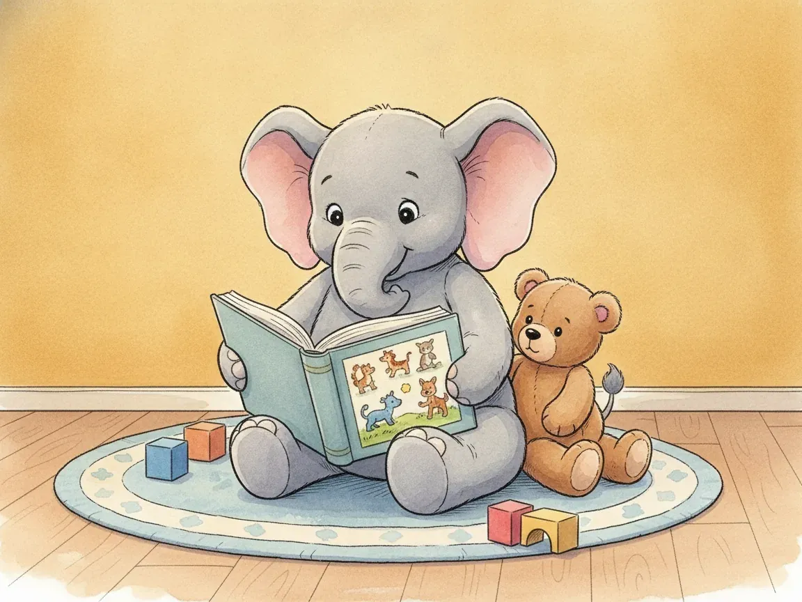 Illustration: Ein grauer Plüschelefant sitzt auf einem Teppich und liest in einem großen Bilderbuch mit festem Einband, ein kleiner Teddybär lehnt sich an ihn.