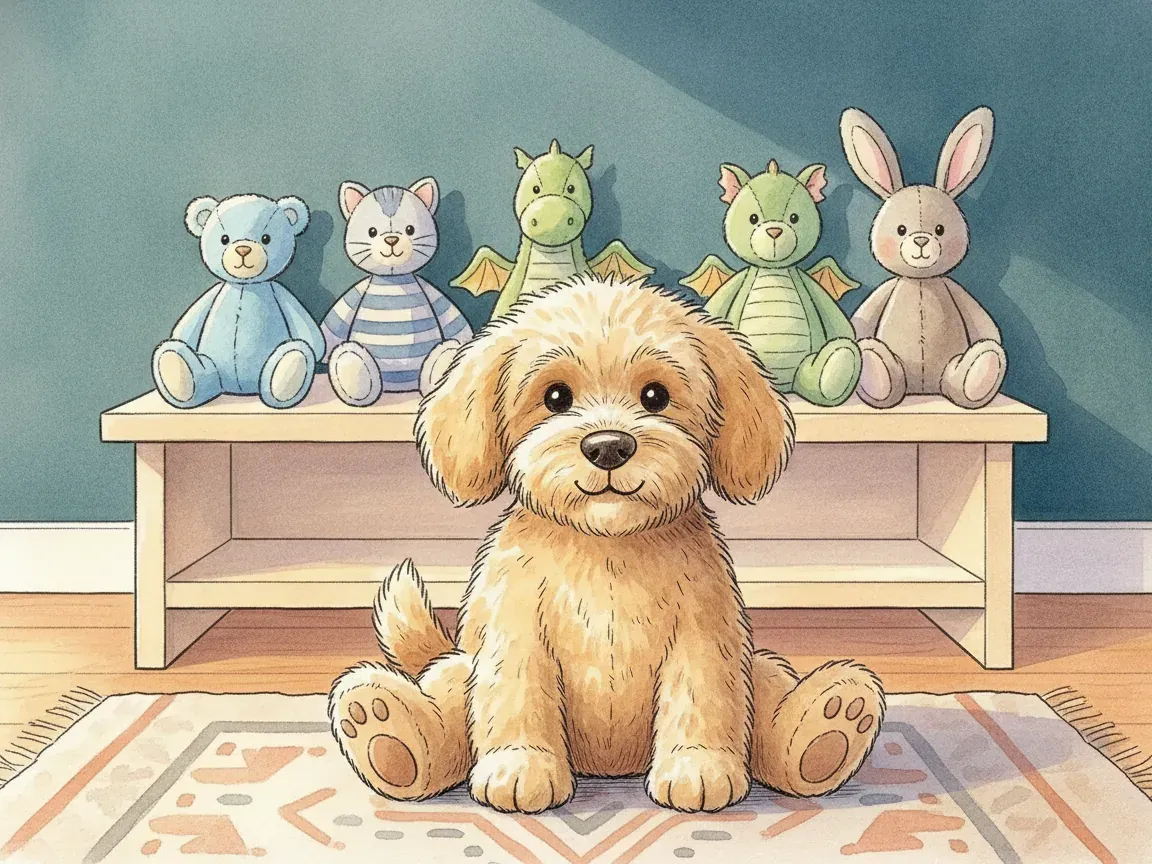 Ein Plüschhund im weichen Knuffel-Aquarellstil sitzt vor einem Regal, in dem mehrere Kuscheltiere ordentlich nebeneinander sitzen.
