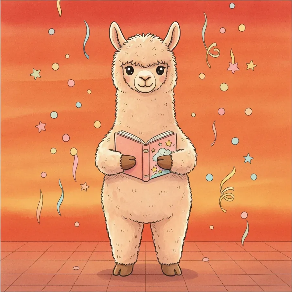 Ein Alpaka im weichen Knuffel-Aquarellstil, das aufrecht steht und stolz ein frisch gedrucktes Bilderbuch vor sich hält, umgeben von Konfetti.