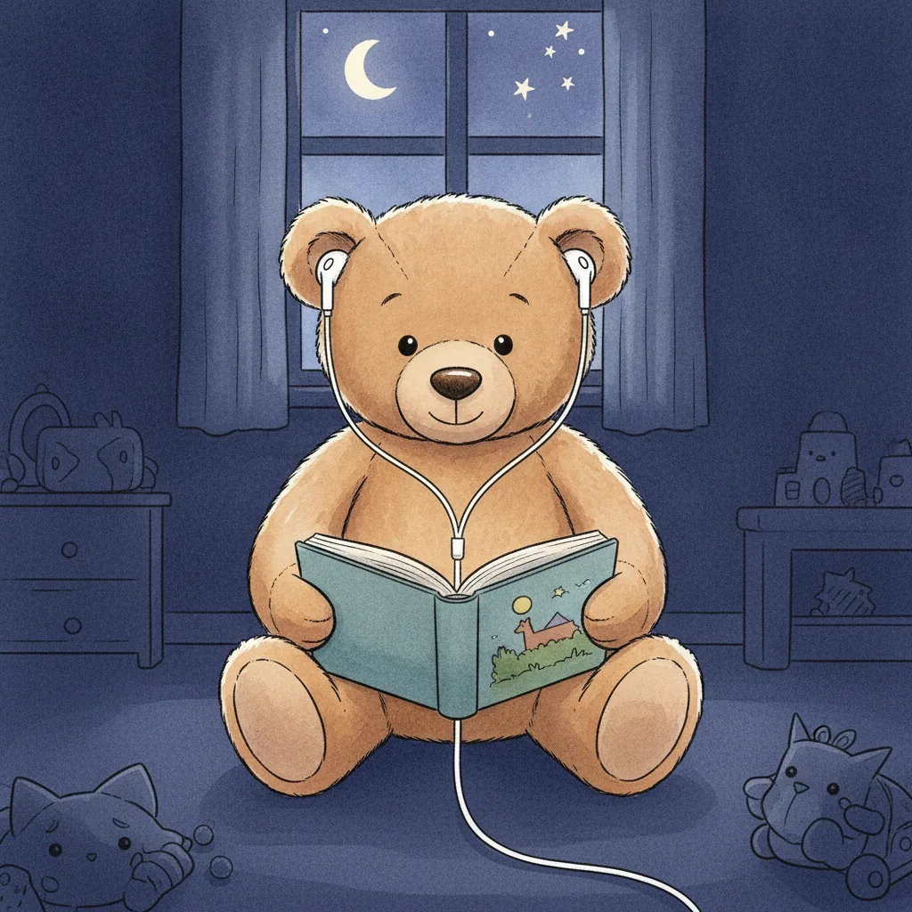 Ein Teddybär im weichen Knuffel-Aquarellstil mit weißen In-Ear-Ohrhörern, der vor nächtlichem dunkelblauem Hintergrund in einem Bilderbuch liest und Hörbuch hört.