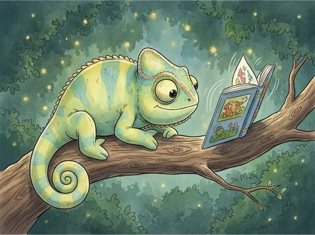 Ein Chamäleon im weichen Knuffel-Aquarellstil, das entspannt auf einem Ast liegt und einem aufgeschlagenen Bilderbuch zuhört, dessen Seite gerade von selbst umblättert.