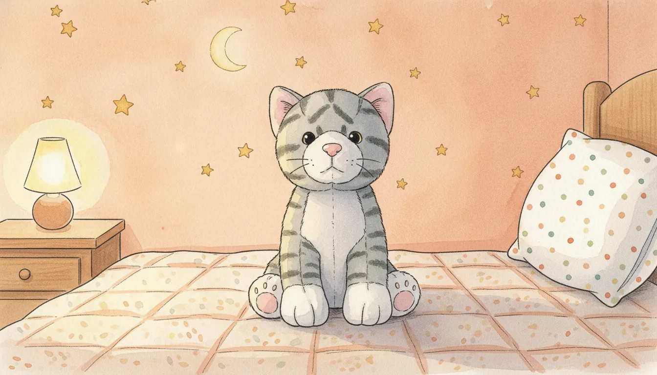 Dieselbe Plüsch-Katze als Aquarell-Held in einem geborgenen Kinderzimmer mit Sternenlicht an der Wand