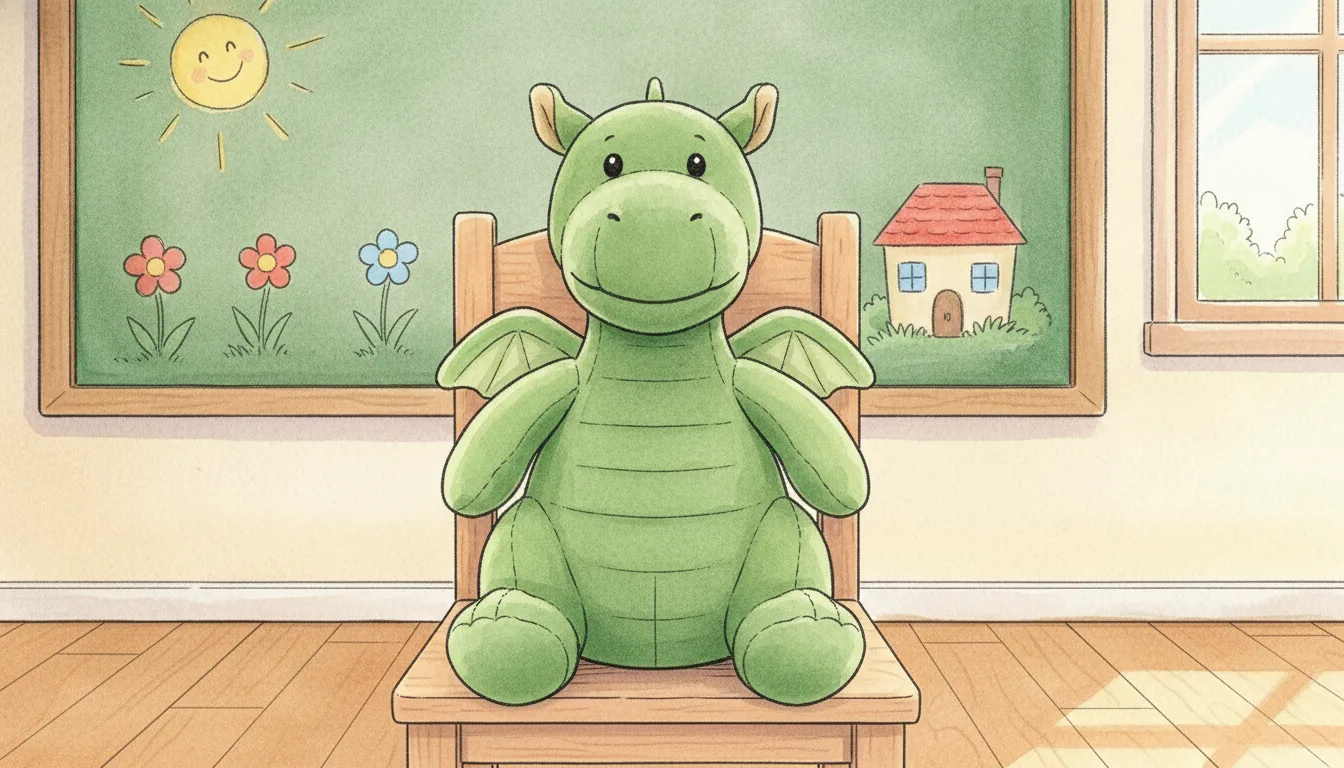 Derselbe Plüsch-Drache als Aquarell-Held auf einem Stuhl im Klassenzimmer