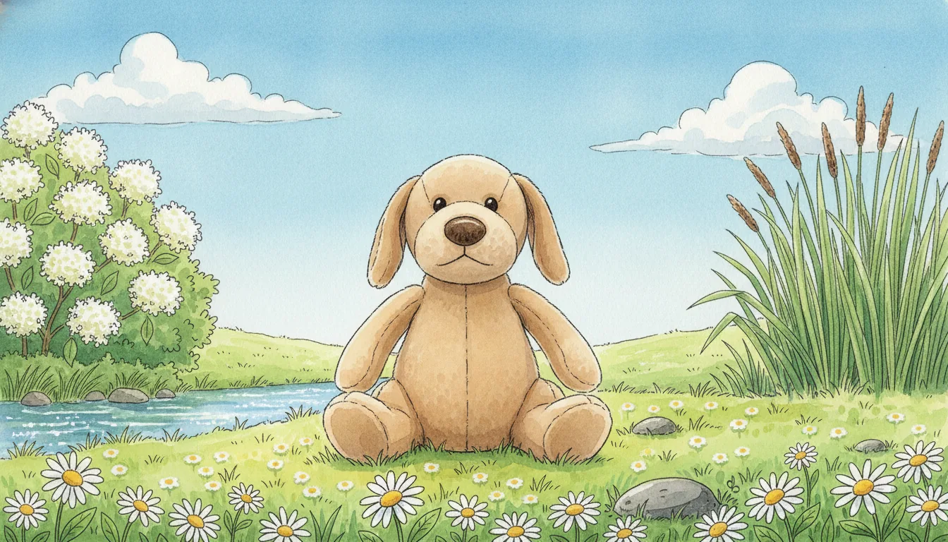 Derselbe Plüsch-Hund als Aquarell-Held auf einer sonnigen Blumenwiese an einem kleinen Bach