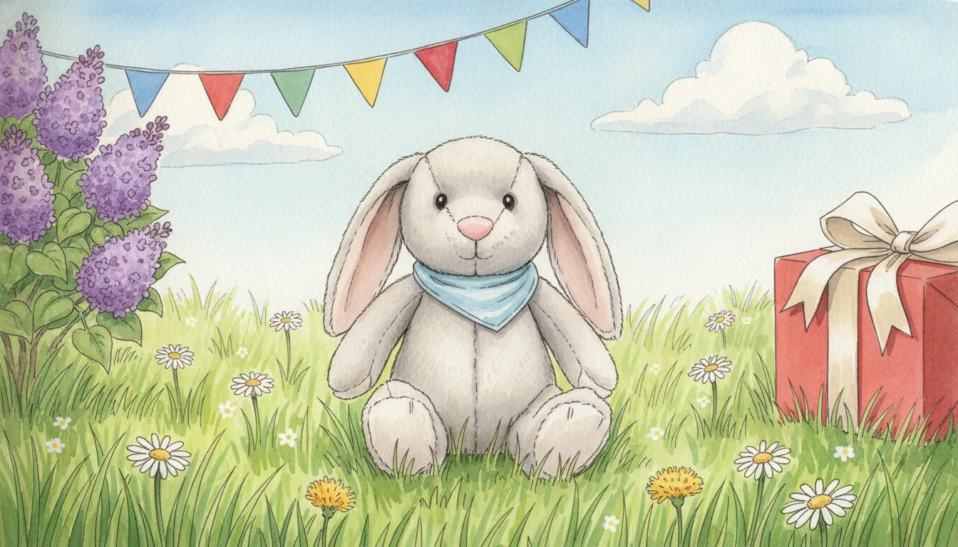 Derselbe Plüsch-Hase als Aquarell-Held auf einer sonnigen Geburtstagswiese mit Wimpelkette und einem Geschenkpaket