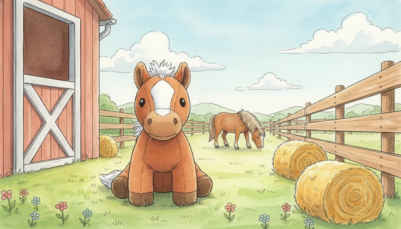 Dasselbe Plüsch-Pony als Aquarell-Held auf einem sonnigen Ponyhof mit Koppelzaun und Heuballen